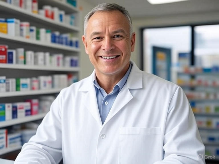 Professional pharmacy technician helping with prescription medications
